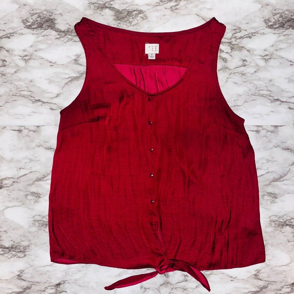 A New Day Red Tank Top Women Size Md Sleeveless Button Front Tie Hem Summer
